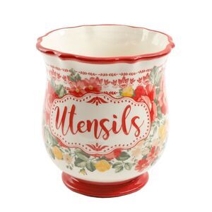 Pioneer Woman Vintage Floral Utensil Holder Jar Belly Shape Stoneware Red Gift